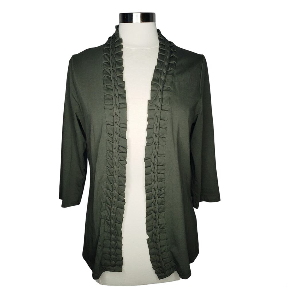 Coldwater Creek Olive Green Ruffle Cardigan Lagenlook Pleated Soft Comfy